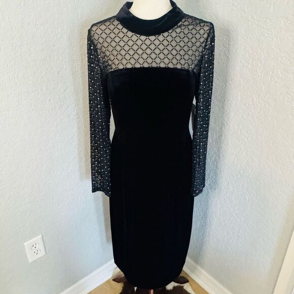 Eliza J Beaded Yoke Mixed Media Long Sleeve Sheath Dress,‎ Black, Size 14, NWT - Picture 1 of 16